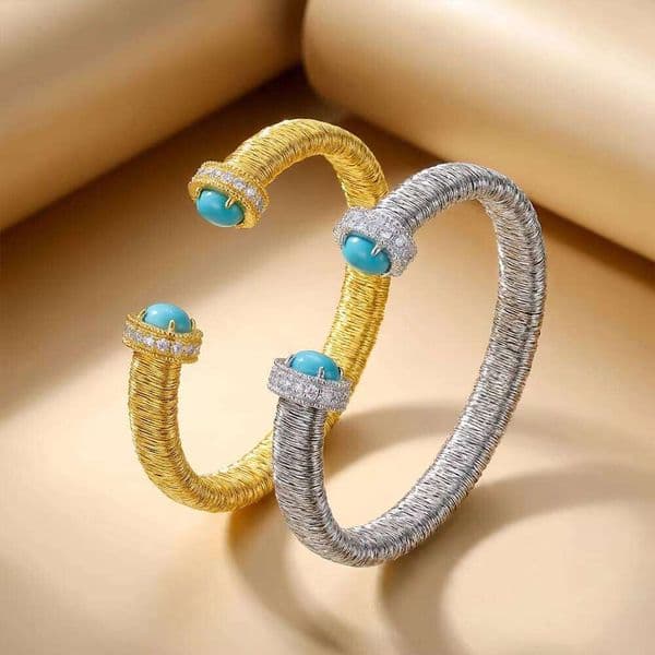 Italy Wire Wrapped Luxury Vintage Brushed Bracelet Women Gold Plated Open Inlaid Zircon Turquoise Versatile Jewelry Wholesale