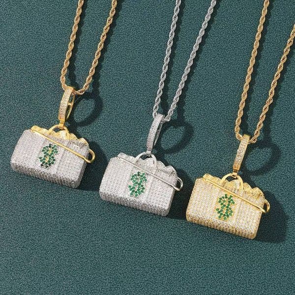 BES Fashion Hip Hop silver Pendant Necklace Dollar Bag Shape with Iced Out Moissanite Gold Plating Rhodium Jewelry for Anniversary