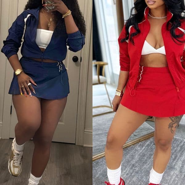 Fashion Womens Tracksuit Two Piece Set Long Sleeve Zipper Stand Collar Jacket Drawstring Pleated Skirt Shorts Casual Track Suit