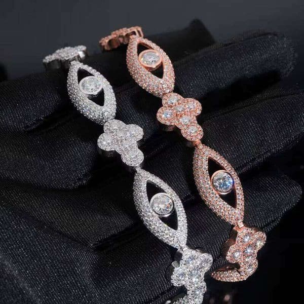 Trend 12.6mm Cross-Evil Eye 925 Silver Moissanite Cuban Chain Silica Bracelet