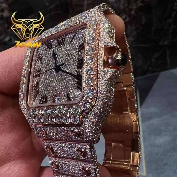 Hip Hop Style Full Iced Out Diamond Automatic Watch Stainless Steel Rose Gold VVS Moissanite Watches