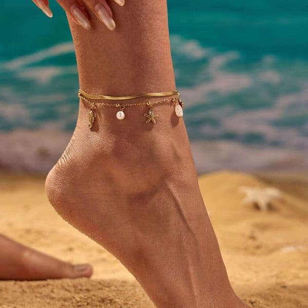 ocean-style shell body chain for women, starfish animal beaded double-layer anklet