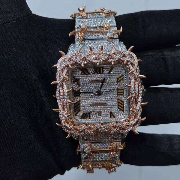 Stunning Shine Moissanite Diamond Watch With Fully Iced Out Face And Stainless Steel Band Designed For Fashion & Elegant Style