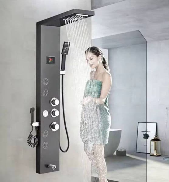 Modern LED Digital Display 6-Function Wall-Mounted Brushed Chrome Finish 304 Stainless Steel Waterfall Spa Spray for Apartment Use