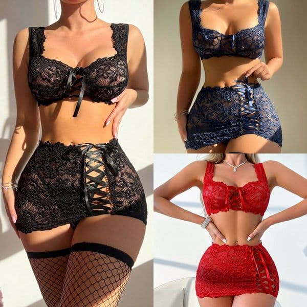 Designer Women's Tie-up Babydoll Lingerie Set with Lace Mesh Bra and Panty, Elegant Sleepwear for Romantic Nights and Anniversaries