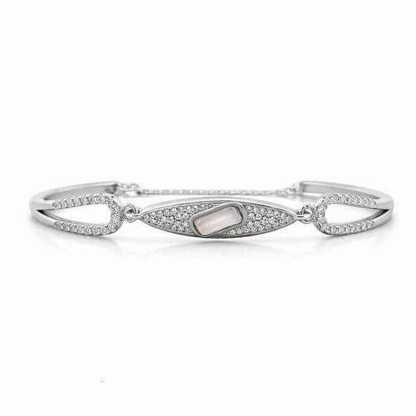 925 Sterling Silver Mother of Pearl CZ Designer Bracelet Rhodium Finish Elegant Link Bangle Style Fine Jewelry for Women