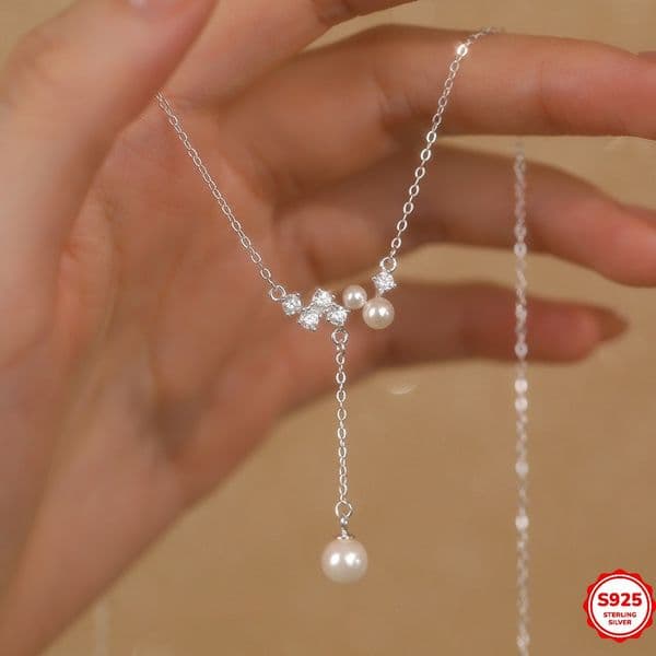 S925 solid silver wheat ear pearl zircon tassel necklace, exquisite niche collarbone chain, versatile, sweet and gentle for women