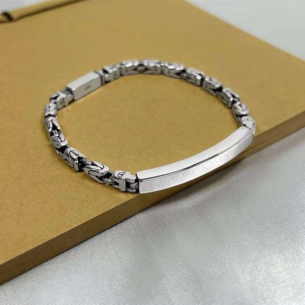 Solid 925 Sterling Silver Rib Bracelet Smooth Dragon Bone Engraved Peace Symbol Men Women