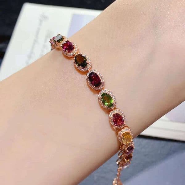 Natural Pure Tourmaline Gemstone Bracelet Colored Rough Finely Cut for Collectibles Gifts Accompanied Diamond Main Stone