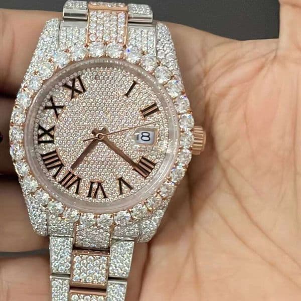 Stainless Steel Moissanite Diamond Quartz Charm Analog Watch 40mm 20mm Band VVS1 Full Iced Roman Numeral Date Mens Luxury