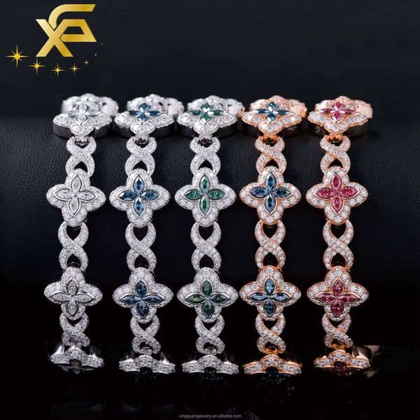 Lucky 13mm Clover 18k Gold Plated 925 Silver Hip Hop Iced Out VVS Pink Green Blue Diamond Moissanite Bracelet for Gift