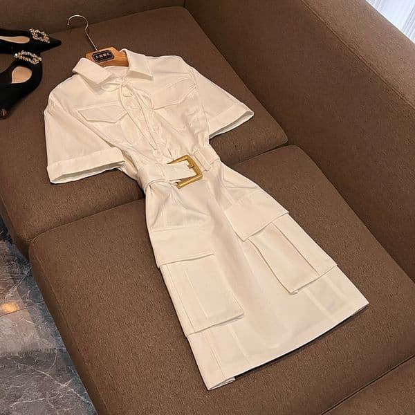 2026 Spring White Solid Color Ribbon Tie Bow Dress Short Sleeve Lapel Neck Belted Short Casual Dresses O6A103093 Check Size Chart Please