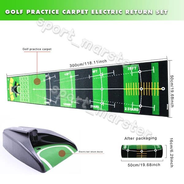Golf practice indoor and outdoor putting green mat, golf ball return device