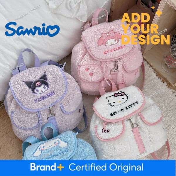 Officially Licensed Sanrio Plush Drawstring Backpack, Large Capacity Cute Cartoon School Bag for Women