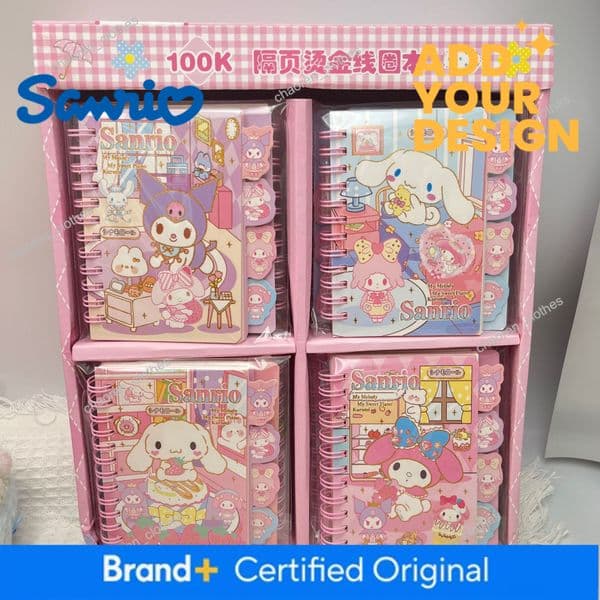 Sanrio Family 100K Notebook, Gold Foil Cover with Dividers, Kuromi My Melody Cinnamoroll Coil Notepad