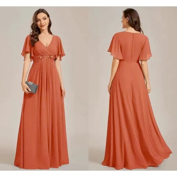 Orange Chiffon Mother Of The Bride Dresses Customized V-Neck Short Sleeves Applique Pleat A Line Evening Gown for Wedding Guest Floor Length Formal Dress AF0117