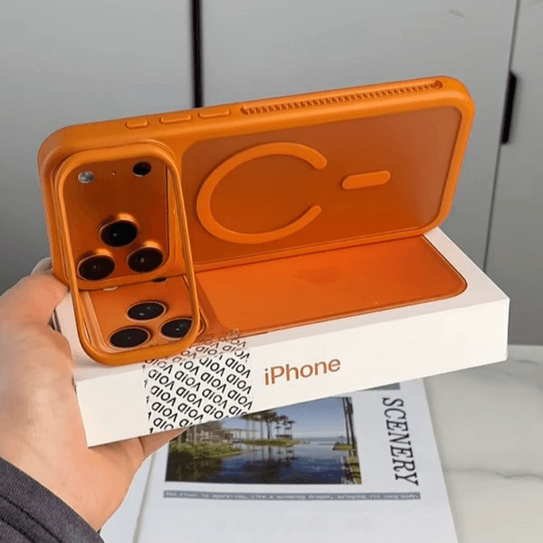 iPhone-specific magnetic stand phone case, matte finish lens holder phone case
