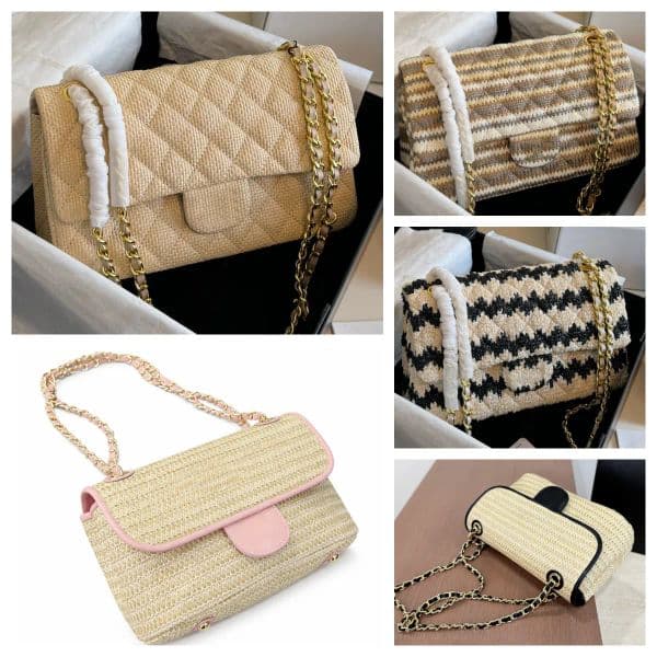 Straw Shoulder Bag Designer Straw Flap Bag Messenger Bag Beach Bag for Ladies Vacation Summer Style Pink Trim Raffia Woven Chain Totes Cross body Bag Women Luxury Bag