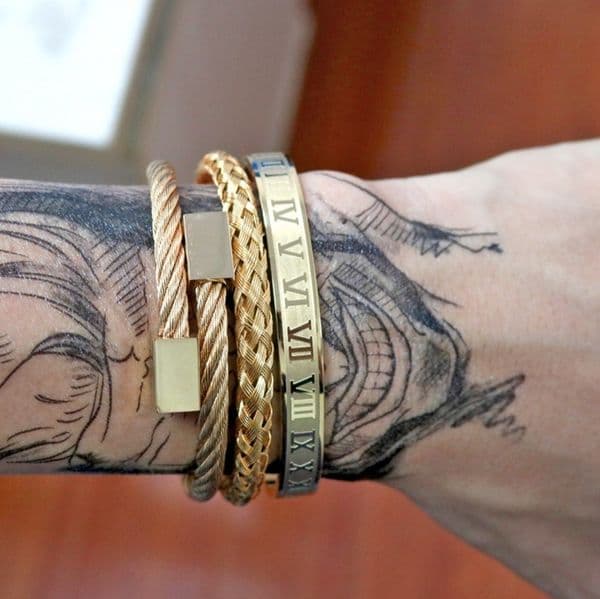 3pcs/Set Roman Numeral Men Bracelets Stainless Steel Hemp Rope Buckle Open Bangles Gold Pulseira Bileklik Punk Bracelet Jewelry
