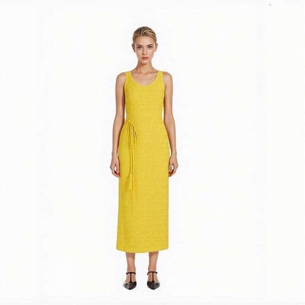 Spring and summer designer elegant c1 women's yellow V-neck sleeveless FC A-line hollow beach knitted MIDI dress