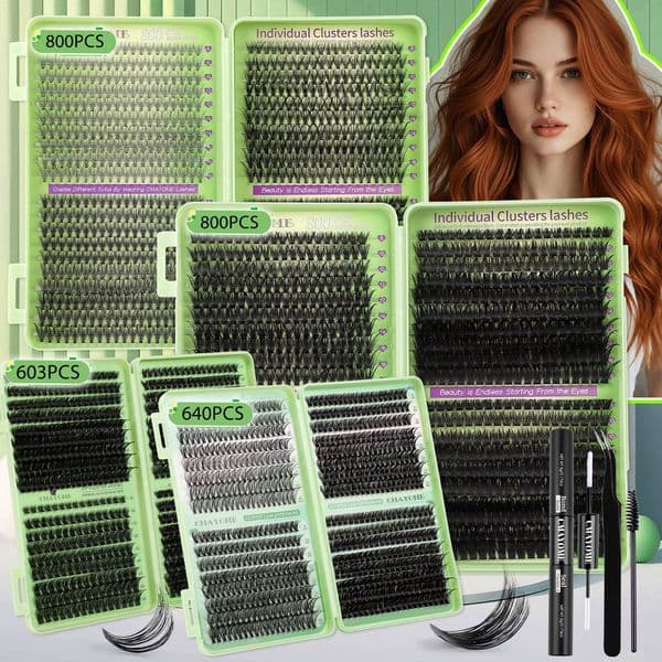 DIY Individual Eyelashes Thick Fluffy Wispy Lash Clusters D Curled DIY Eyelash Extension Kit with Lash Bond & Seal Tweezer Easy Application Lashes Natural Look