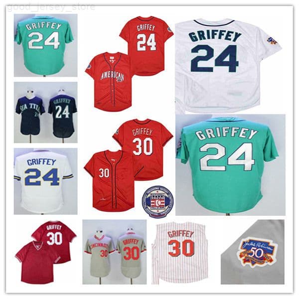 1997 Seattle Vintage Baseball Hall Of Fame 24 Ken Griffey Jr Jersey Stitched Navy Grey Blue Green Pullover Button Cincinnati 30 Griffey Red White Uniforms Man