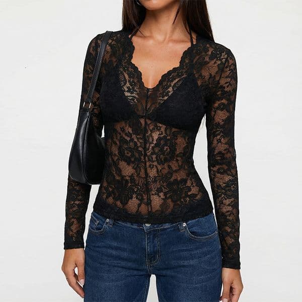European And American Sexy Lace Top 2026 New Polo Designer Hoodie Shirt Model Designer Shirt Slim-fit Lace Base Top Women's Clothing