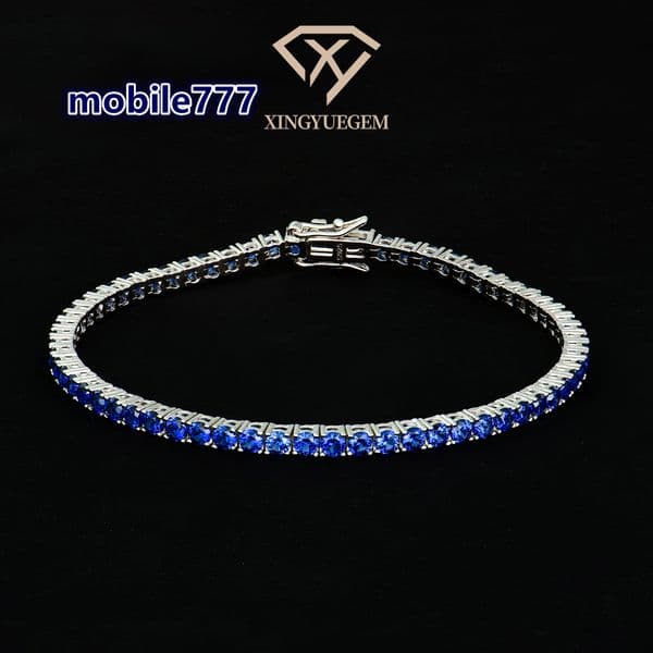 Lab Grown Gemstone Tennis Bracelet 3mm Round Brilliant Lab Sapphire 925 Silver Jewelry for Gift