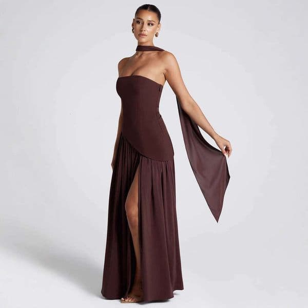 Designer lady's dress European American 2026 summer high-end elegant dress with off-the-shoulder neckline, slim fit, and spliced design Sexy party dress