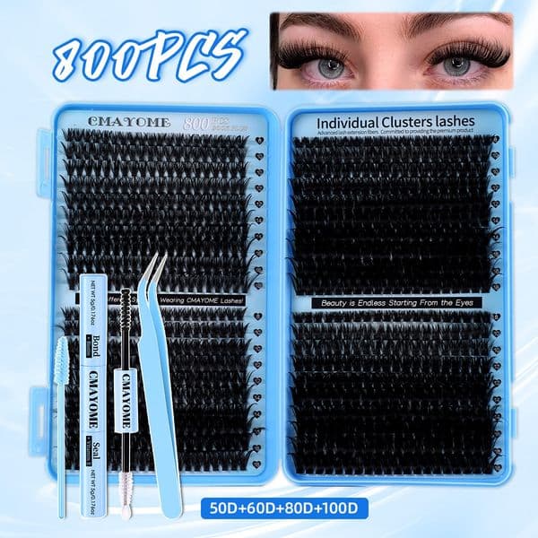 DIY Cluster Lashes Kit with Lash Bond and Seal Strong Hold Thick Fluffy DIY Individual Eyelashes Soft Lightweight Reusable Lashes Natural Look Eyelash Extension