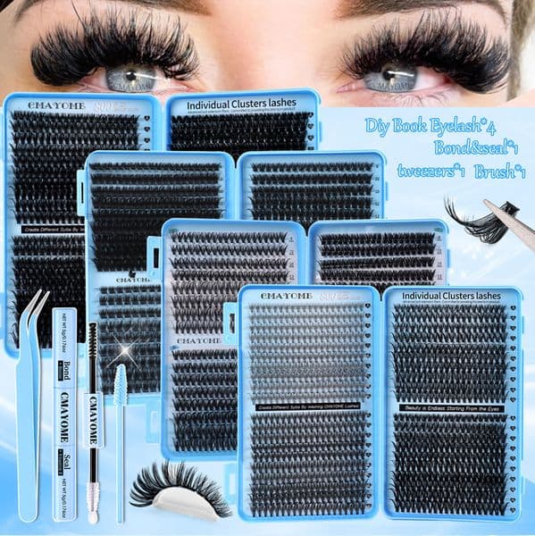 DIY Lash Extension Kit with Lash Bond and Seal Strong Hold DIY Eyelash Clusters D Curled Individual Eyelashes Thick Fluffy Handmade Reusable Eyelashes Natural Look