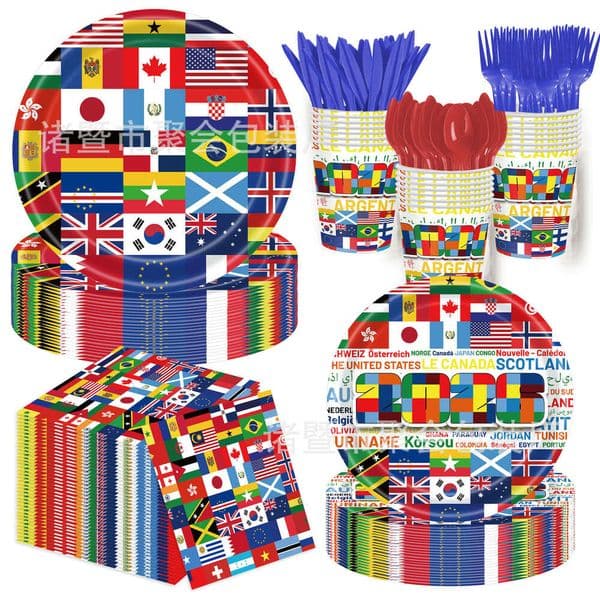 New cross-border 2026 World Cup themed party set with 48 top teams football flags, disposable tablecloths and tableware