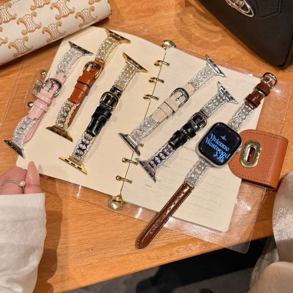 Luxury Bling Diamond Leather Watch Band for Apple Watch Series 9 8 7 SE Ultra 38mm 40mm 41mm 42mm 44mm 45mm Replacement Strap