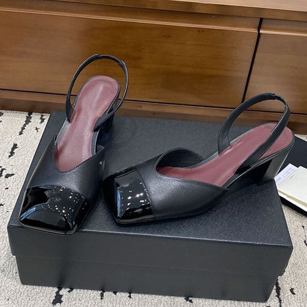 Brand Designer Womens Mary Jane High Heels Spring Summer Casual Slingbacks Square Head Color blocked Back Hollow Coarse Heels Sandals Lambskin Patent Calfskin
