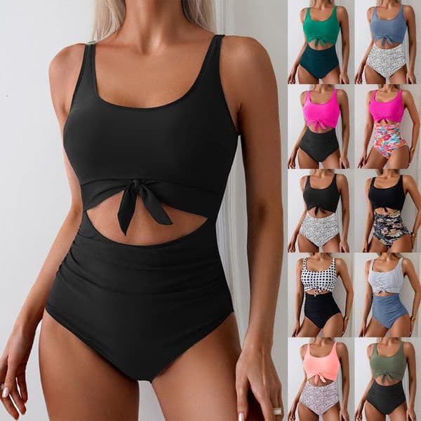 2026 European and American Amazon women's one-piece tummy control slimming swimsuit, hollow-out lace-up swimsuit