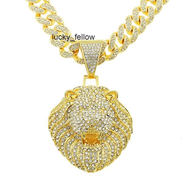 Unique Mens Cool Full Diamond 3D Lion Head Pendant Cuban Chain Necklace Hip Hop Style Choker Collarbone Chain