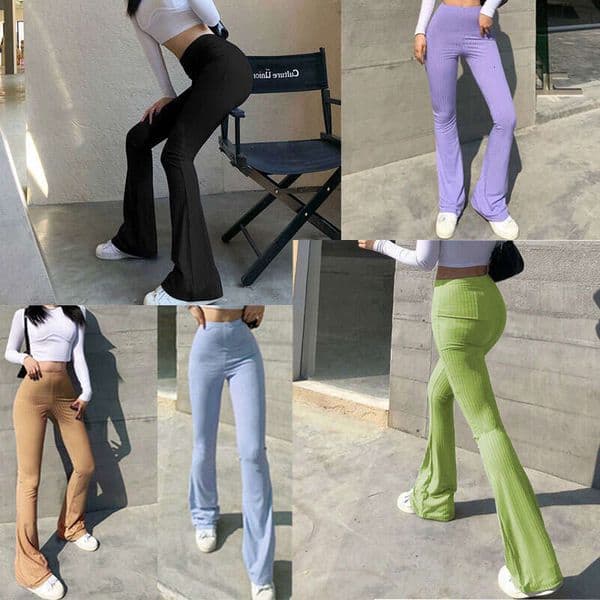 2026 In-Stock European and American Women's Fashionable Solid Color Tight High-Waisted Flared Pants High Elasticity Casual Leggings
