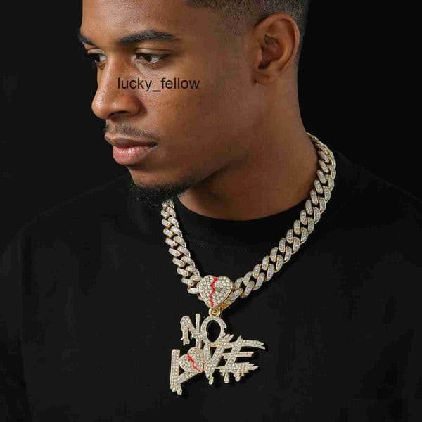 Hip-Hop Full Diamond Spliced Letter Heart Pendant Mens Collarbone Chain Heartbreak Letter NOBLE Cuban Necklace