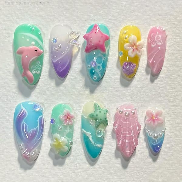 Fake Nail Tips New Fantasy Ocean Style 3D Nail Art Dolphin Shell Flower Design Wearable Nail Tips False Nails Fake Nails Extension