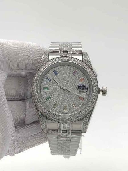 Luxury Full Diamond Paved Dial Automatic Watch 41mm for Men Rainbow Gemstone Hour Markers Date Function Stainless Steel Bracelet Iced Out Wristwatch