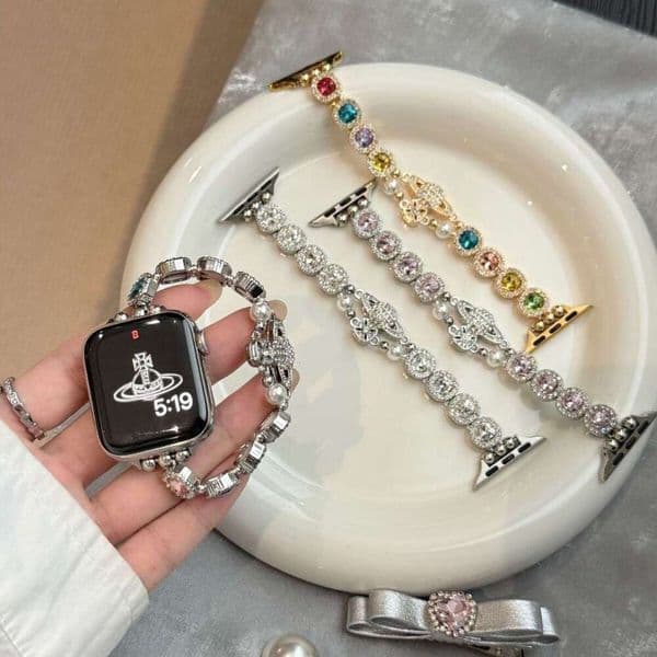 Saturn Metal Queen Mother Round Diamond Elastic Strap Apple Watch iWatch 11th Generation 98765 Ultra SE