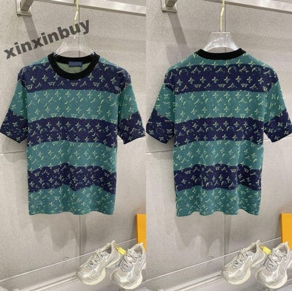 xinxinbuy Men designer Tee t shirt 2026 stripe Letters jacquard knitting pattern cotton short sleeve women white apricot blue green M-3XL