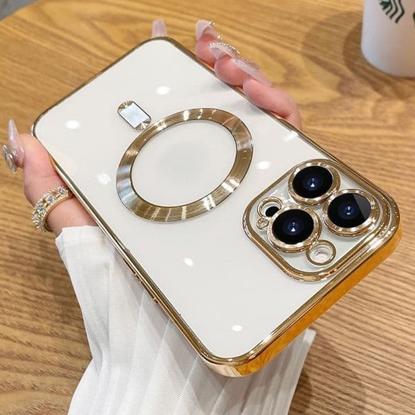 Electroplated Frame Transparent Magnetic Suction Phone Case with Invisible Ring - Shock Protection Design for iPhones
