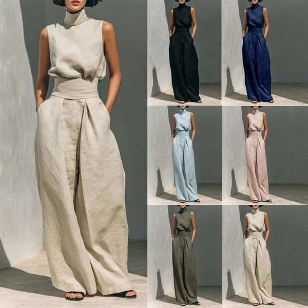 2026 Spring/Summer New In-Stock Cross-Border Foreign Trade European and American Women's Clothing Cotton Linen Sleeveless Long Pants Casual Suit for Women