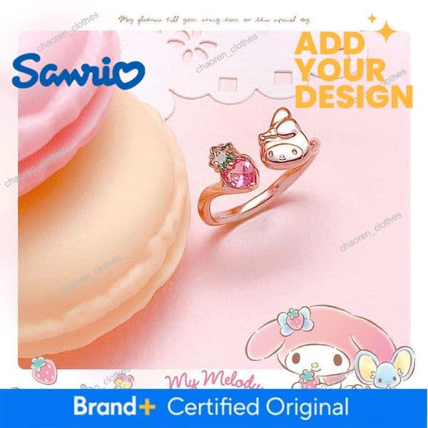My Melody Strawberry Crystal Diamond Ring, Sanrio Story Rose Gold, Niche Design, Cute Sweet Adjustable Open Ring