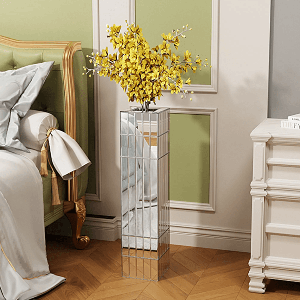 Tall Floor Vase 29.92" (76cm) Mirrored Floor Vase for Home Decor Large Cube Vase Silver for Dried Flowers Modern Glass Vase for Living Room
