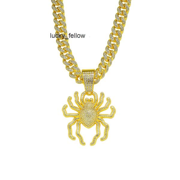 Punk Trendy 3D Large Spider Pendant Necklace Hip Hop Street Dance Diamond-Encrusted Cuban Chain Mens Accessories