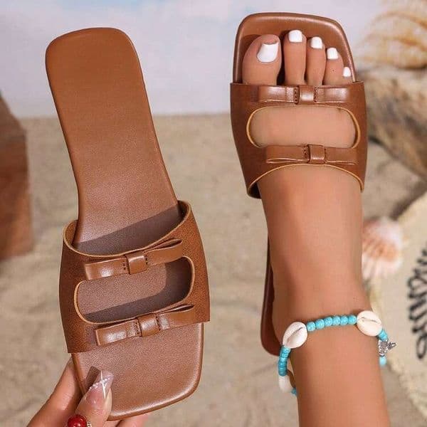 Square-toed flat for women, 2025 summer new designer sandals slippers Korean version, fairy-style bowknot open-toe large size cross-border sandals