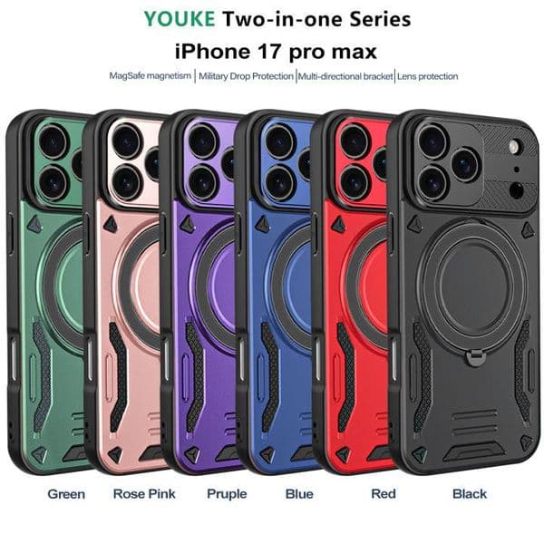 YOUKE 2-in-1 Magnetic Armor Case For iPhone 17 Pro Max With MagSafe Multi-Direction Bracket Heavy Duty Shockproof Protective Bumper Case Cover WholeSale Bulk