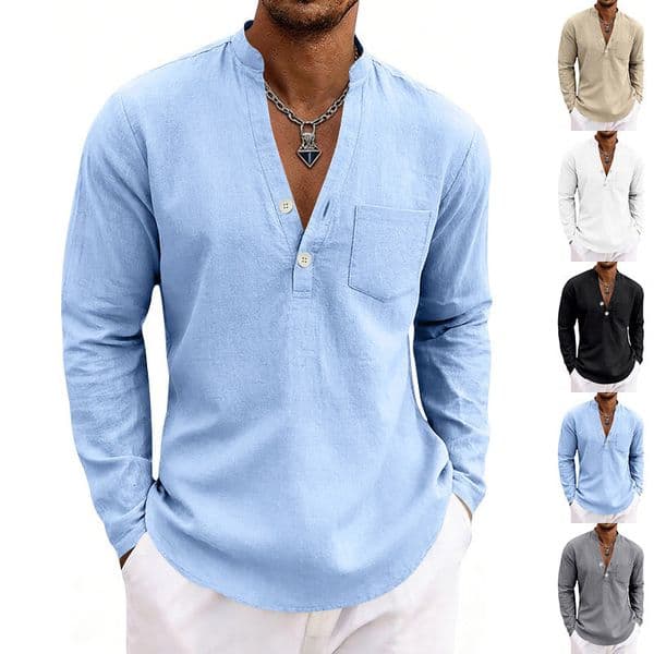 New American-style spring and autumn loose-fitting linen mens casual breathable outdoor Henry long-sleeve shirt